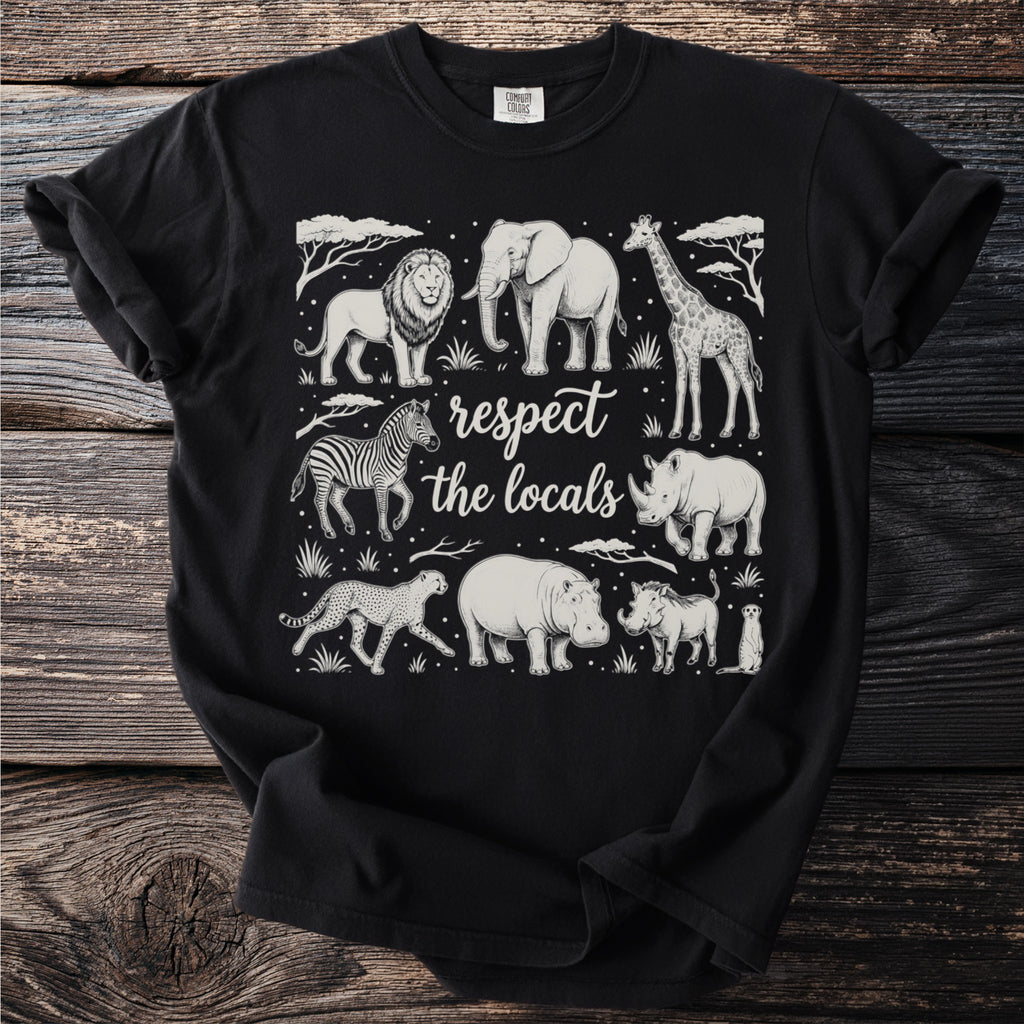 Black t-shirt with "Respect the Locals" and savanna animals design.