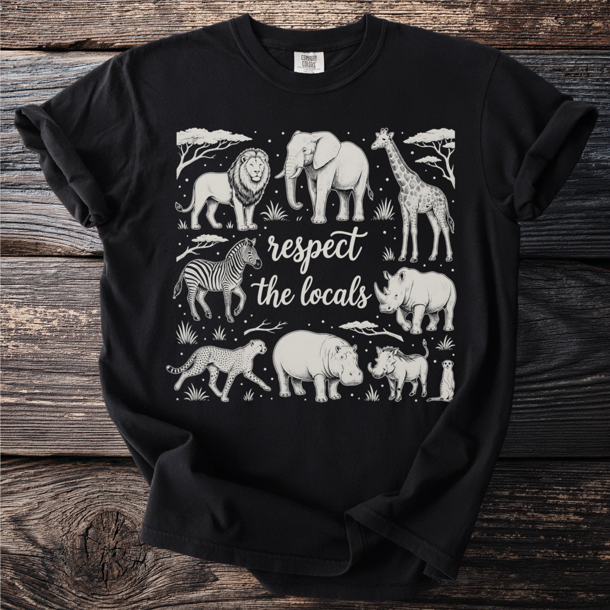 Black t-shirt with "Respect the Locals" and savanna animals design.