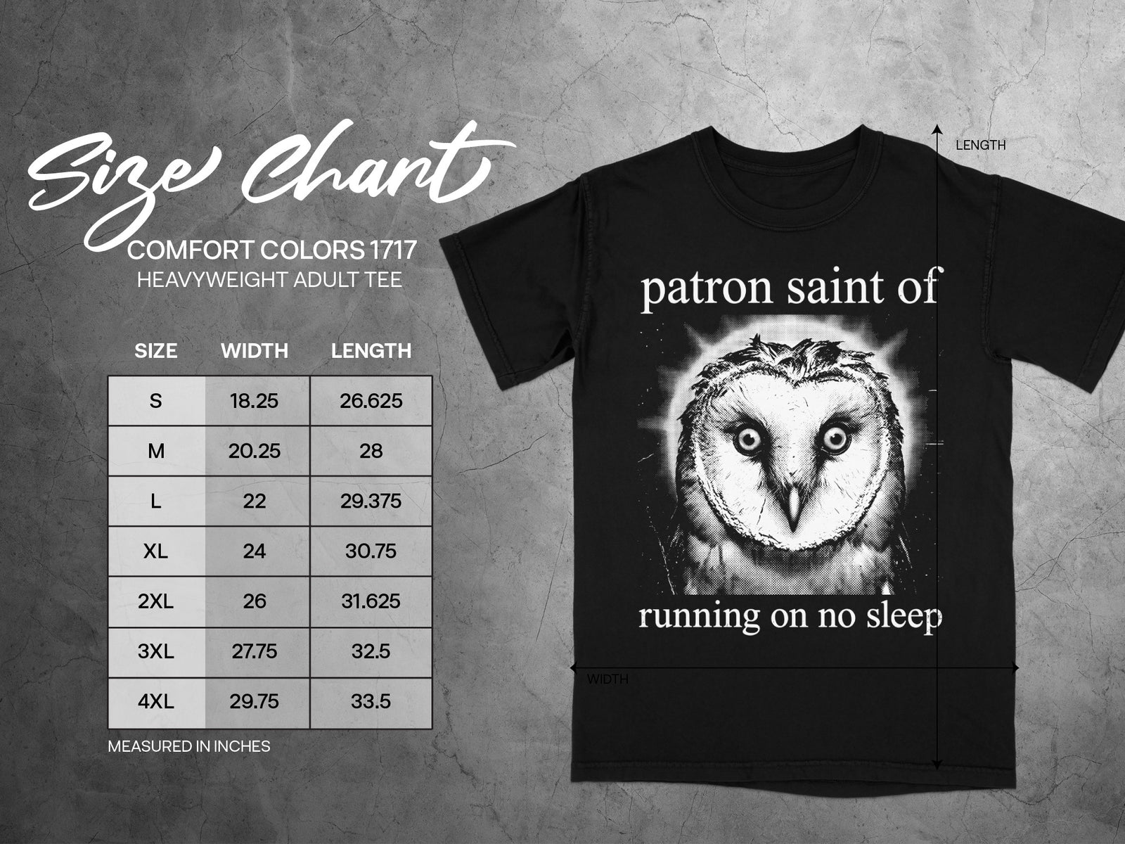 Comfort Colors 1717 heavyweight tee size chart shows measurements for sizes S-4XL.