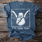 Blue t-shirt with a white graphic of a bird holding a cigarette and text that reads "i'll take that".