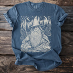 Blue t-shirt with wizard, wolves, eagles, and forest graphic design.
