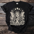 Black t-shirt with a detailed celestial woman and nature design.