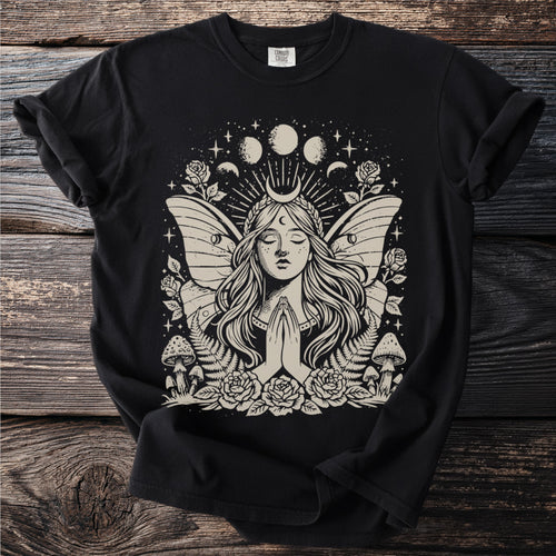 Black t-shirt with a detailed celestial woman and nature design.