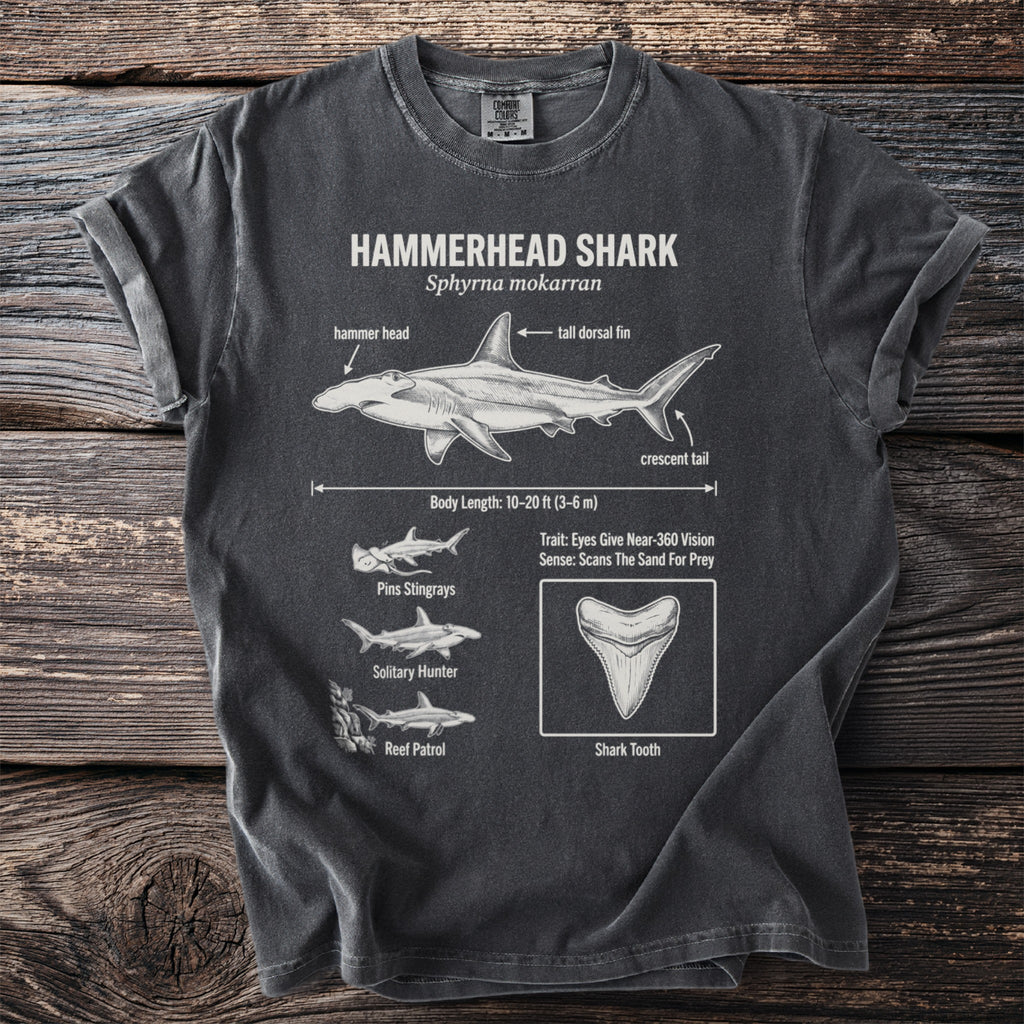 Hammerhead shark diagram on a charcoal t-shirt detailing body length, traits, and anatomy.