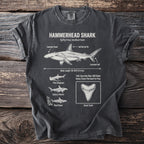 Hammerhead shark diagram on a charcoal t-shirt detailing body length, traits, and anatomy.