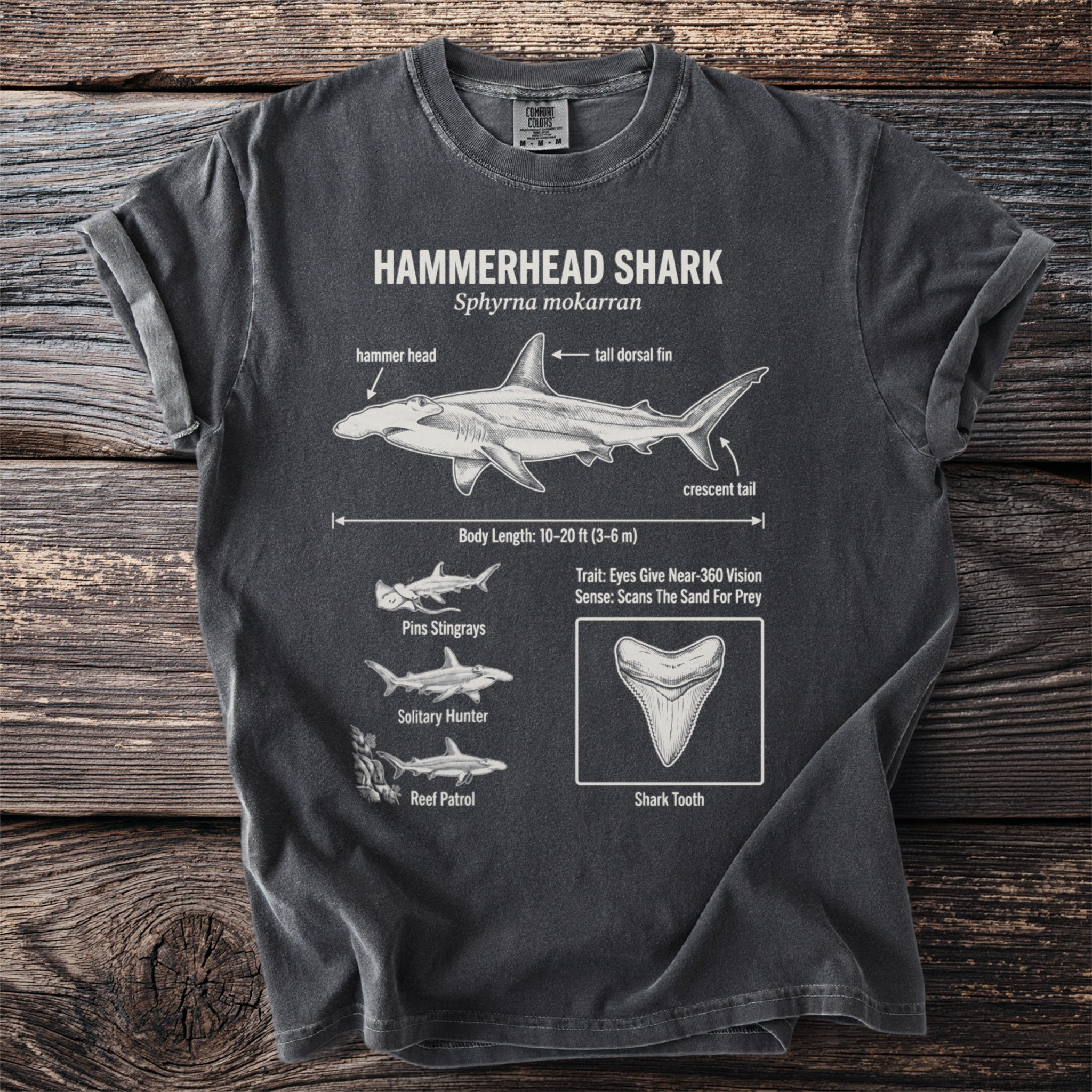 Hammerhead shark diagram on a charcoal t-shirt detailing body length, traits, and anatomy.