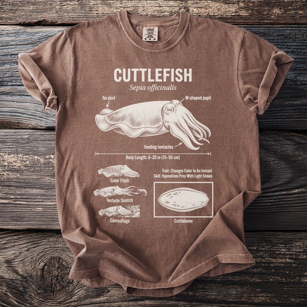 Brown t-shirt with a cuttlefish anatomical diagram and text details.