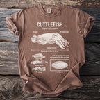 Brown t-shirt with a cuttlefish anatomical diagram and text details.