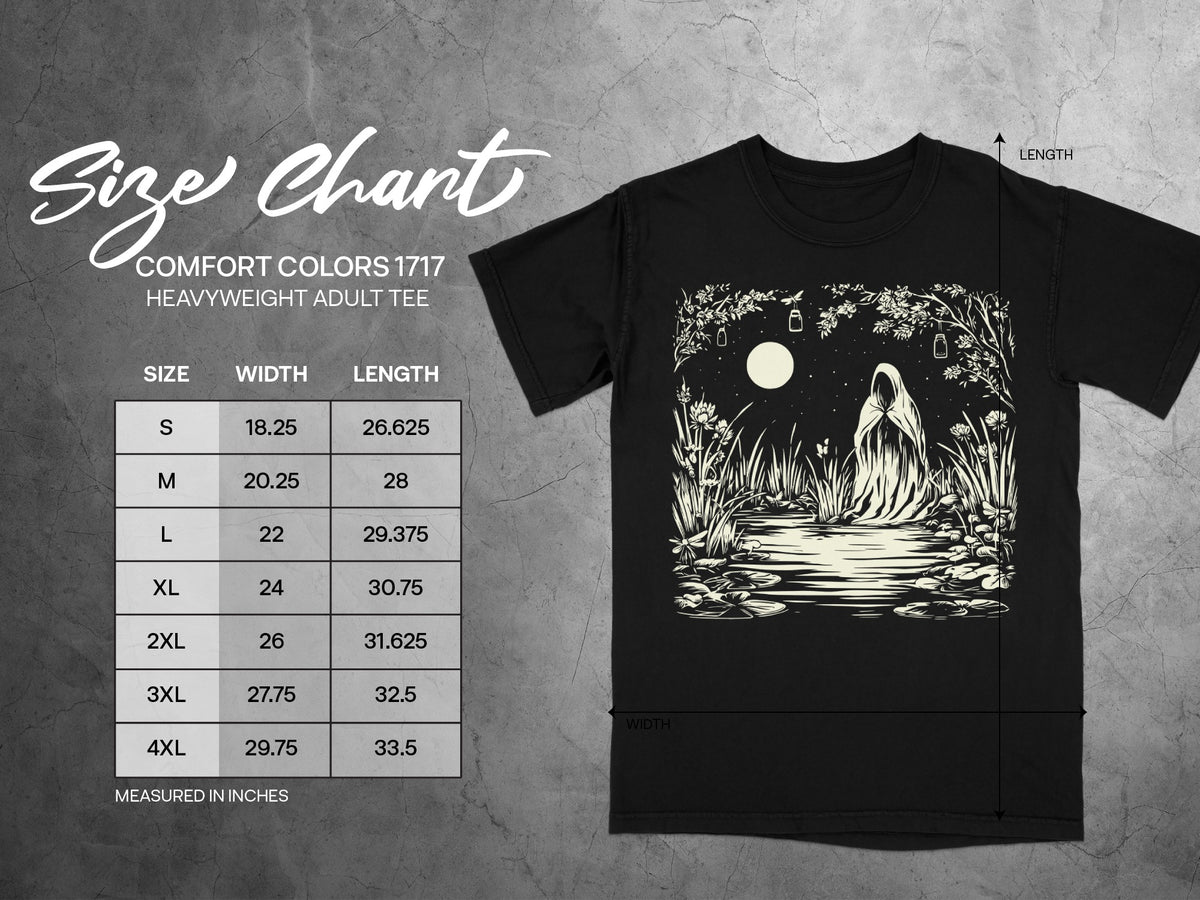 Comfort Colors 1717 heavyweight adult tee size chart with width and length measurements in inches.