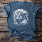 Blue t-shirt with a white graphic of a howling wolf against a full moon and bare trees.