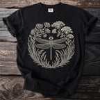 Black t-shirt with a cream-colored dragonfly and floral design in a circle.