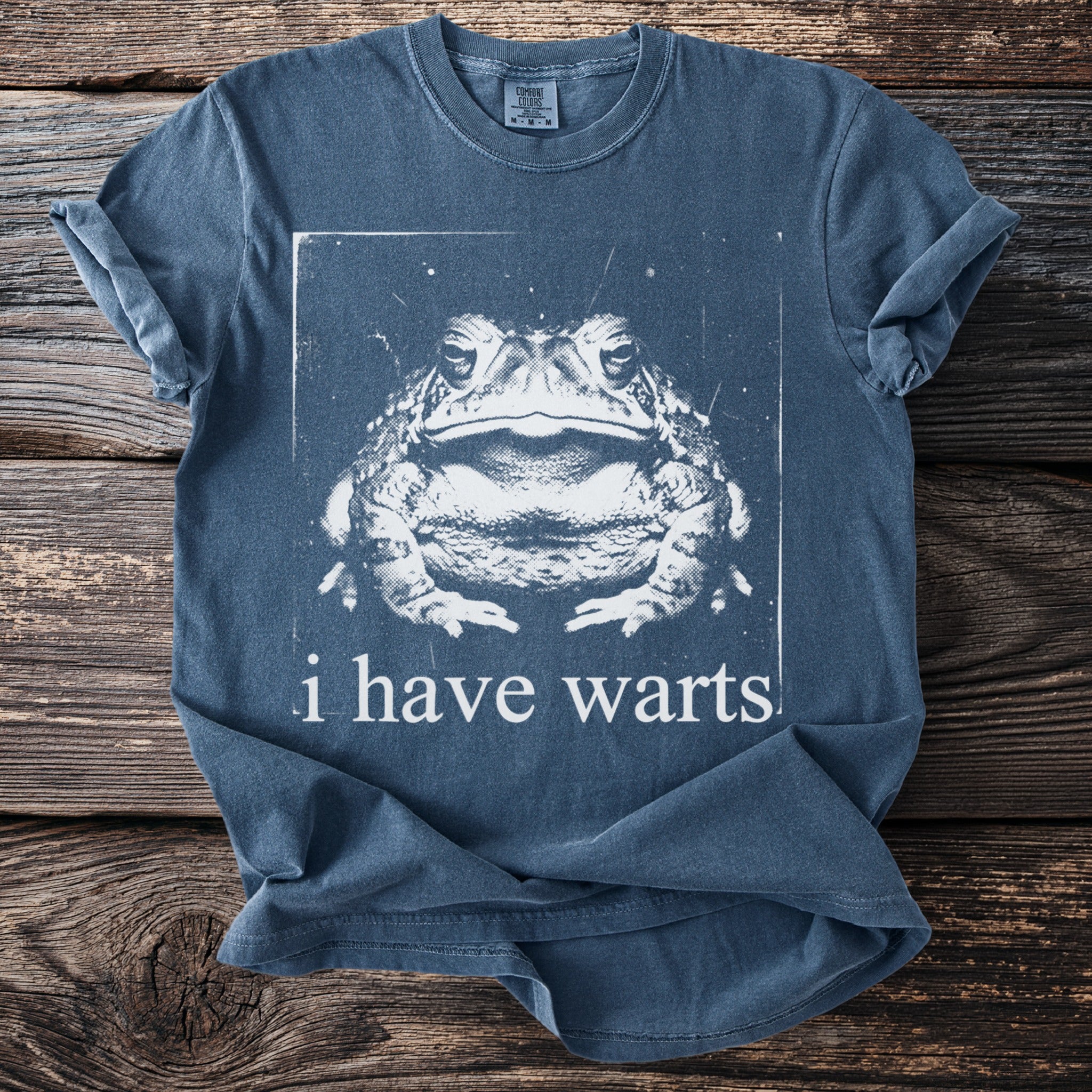 Blue t-shirt with a distressed toad graphic and the text "i have warts".