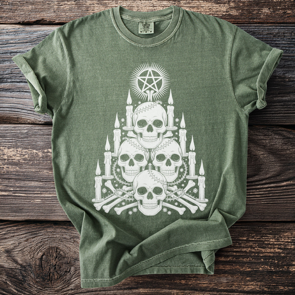 Green t-shirt with white occult skull and candle design and Comfort Colors tag.