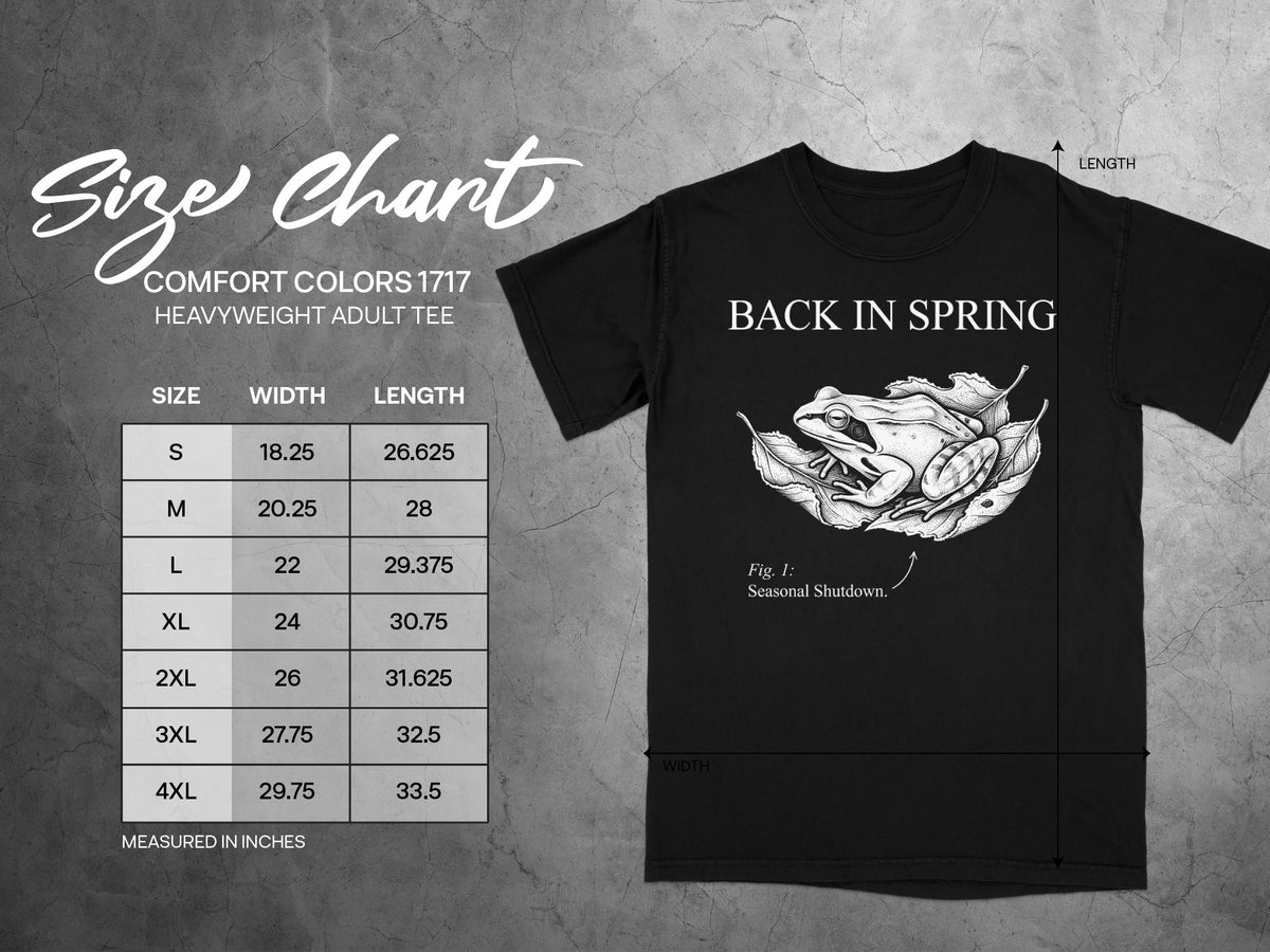 Black t-shirt with "Back in Spring" and frog graphic, shown with size chart.