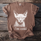 Brown t-shirt with a distressed print of a Sphynx cat's face and the text "i'm cold".