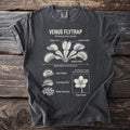 Dark t-shirt with white Venus Flytrap diagram showing anatomy, life cycle, and flower.