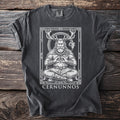 Dark t-shirt with a white outline design of Cernunnos with antlers and a ram.