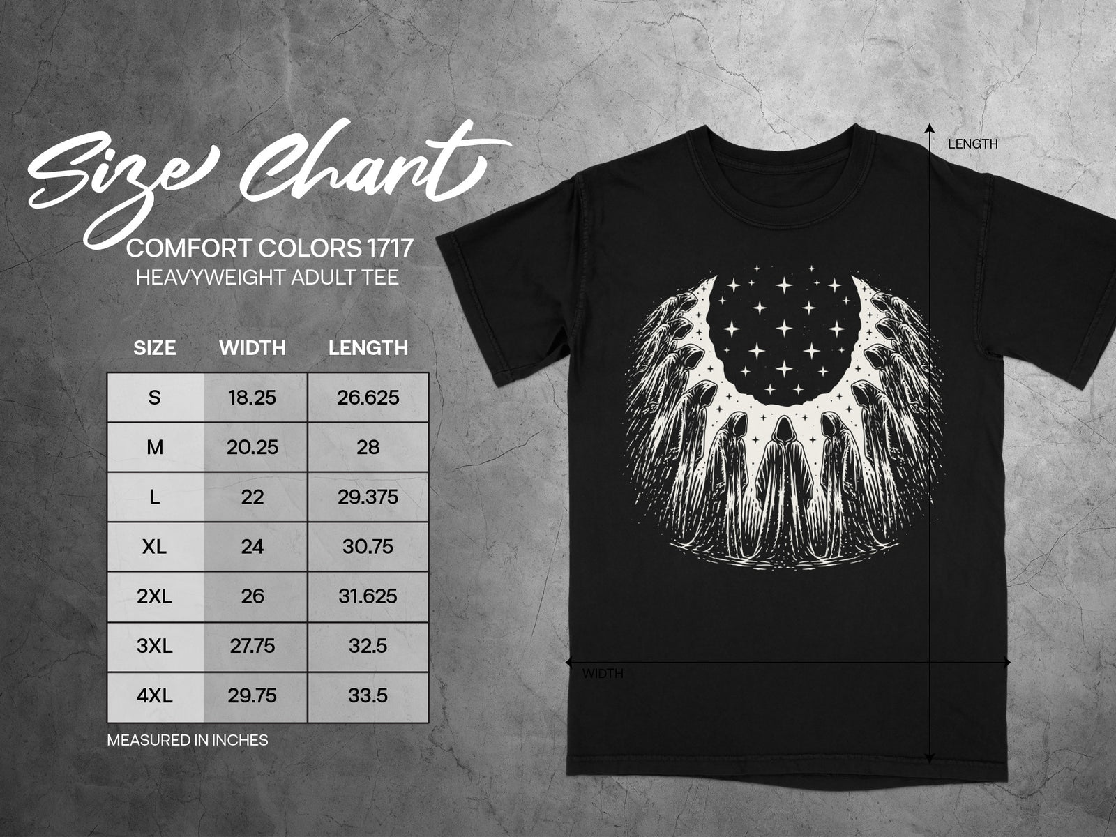 Comfort Colors 1717 heavyweight adult tee size chart with width and length measurements.