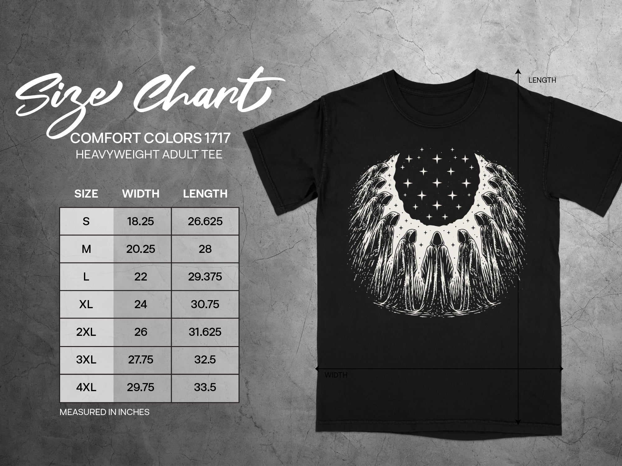 Comfort Colors 1717 heavyweight adult tee size chart with width and length measurements.