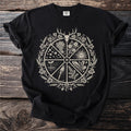 Black t-shirt featuring a circular emblem with a deer skull and nature symbols.