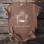 Brown t-shirt with three cats sitting around a table with a candle, text "meeting adjourned".