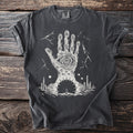 Dark gray t-shirt with white graphic of a hand with an eye and surreal landscape.