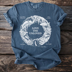 Dark blue t-shirt with "LOVE THE UNLOVED" and illustrations of cave creatures.