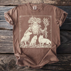 Brown t-shirt with a cream-colored graphic of a mythical forest man and three foxes.