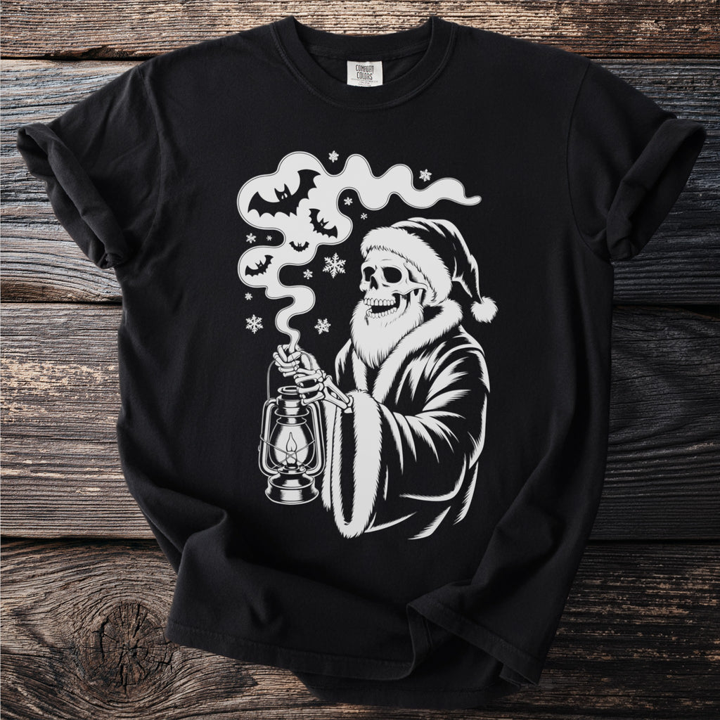 Skeleton wearing Santa hat and coat holding a lantern with bats and snowflakes.