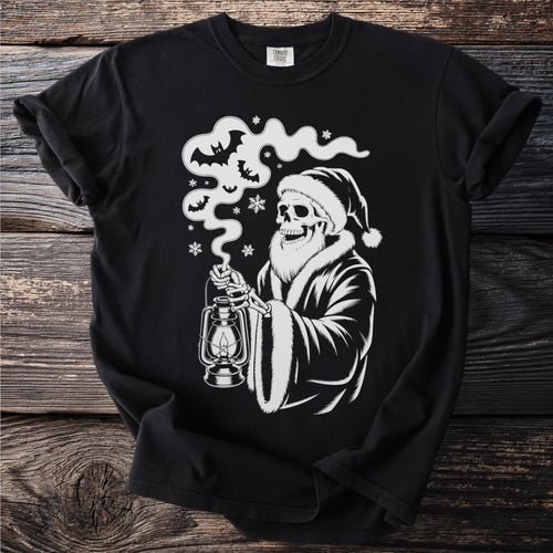 Skeleton wearing Santa hat and coat holding a lantern with bats and snowflakes.