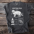 T-shirt with diagram of Scottish Fold cat breed features and poses.