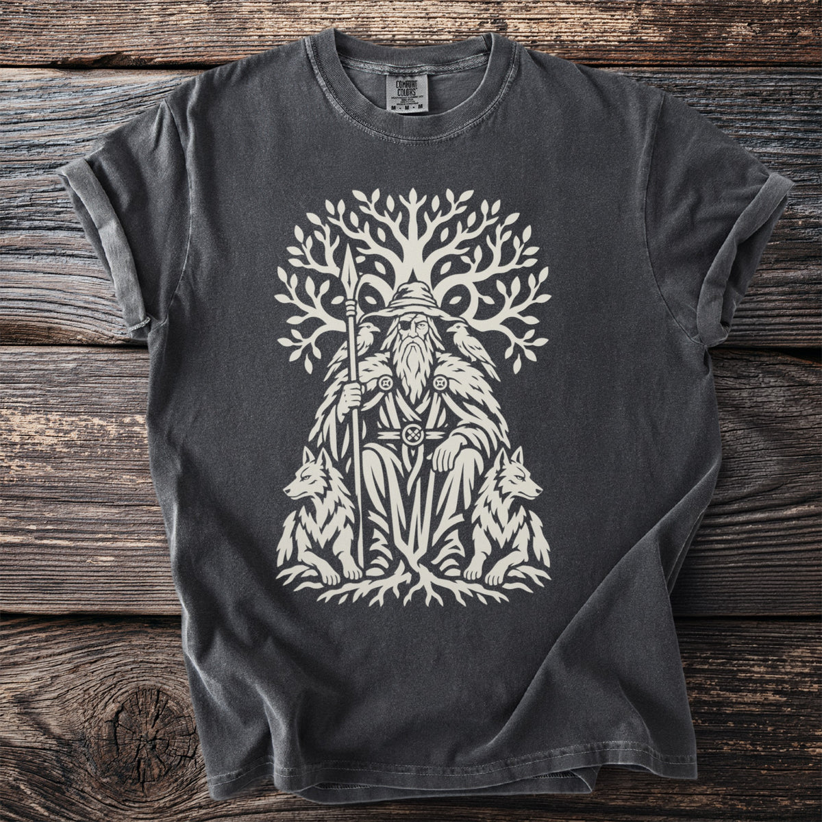 Dark t-shirt with white Odin, ravens, wolves, and tree graphic.