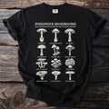 Black t-shirt with "Poisonous Mushrooms" and illustrated fungi, including Death Cap and Fly Agaric.