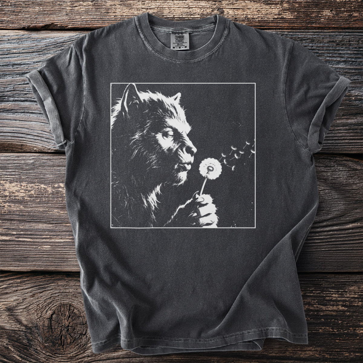 Werewolf blowing a dandelion with seeds blowing in the wind.