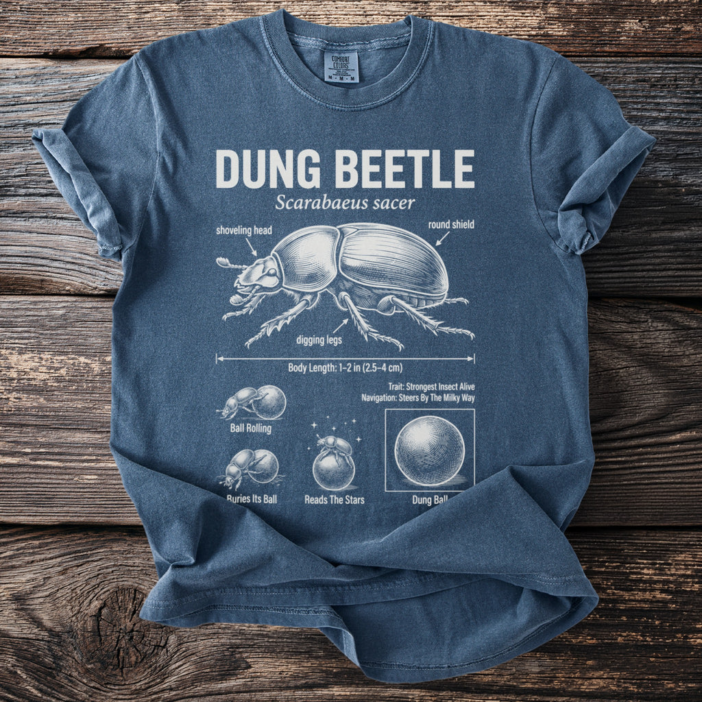 Blue t-shirt with a diagram of a dung beetle and its anatomy.