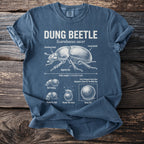 Blue t-shirt with a diagram of a dung beetle and its anatomy.