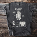 T-shirt with diagram of Sea Bunny (Jorunna parva) labeled with body parts and traits.