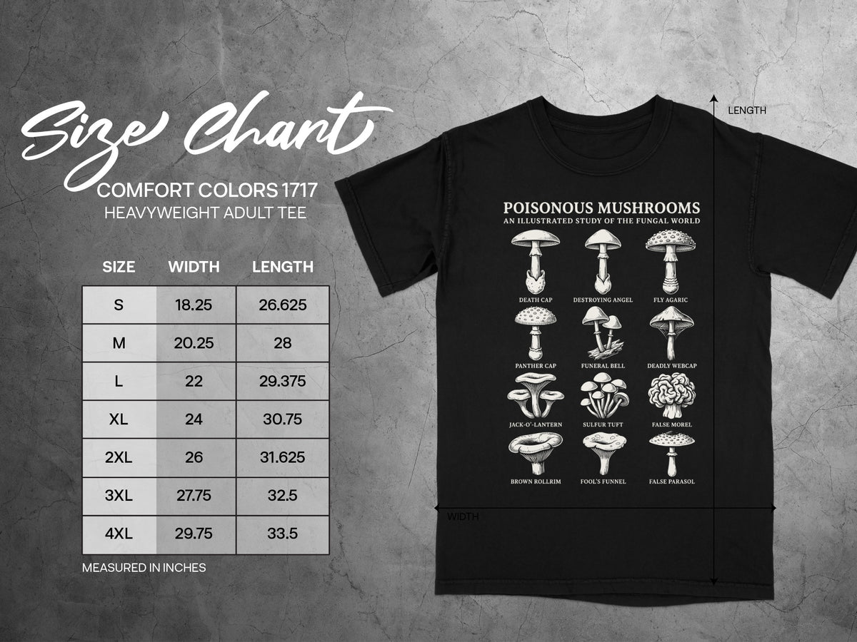 Black t-shirt with size chart and poisonous mushroom illustrations.