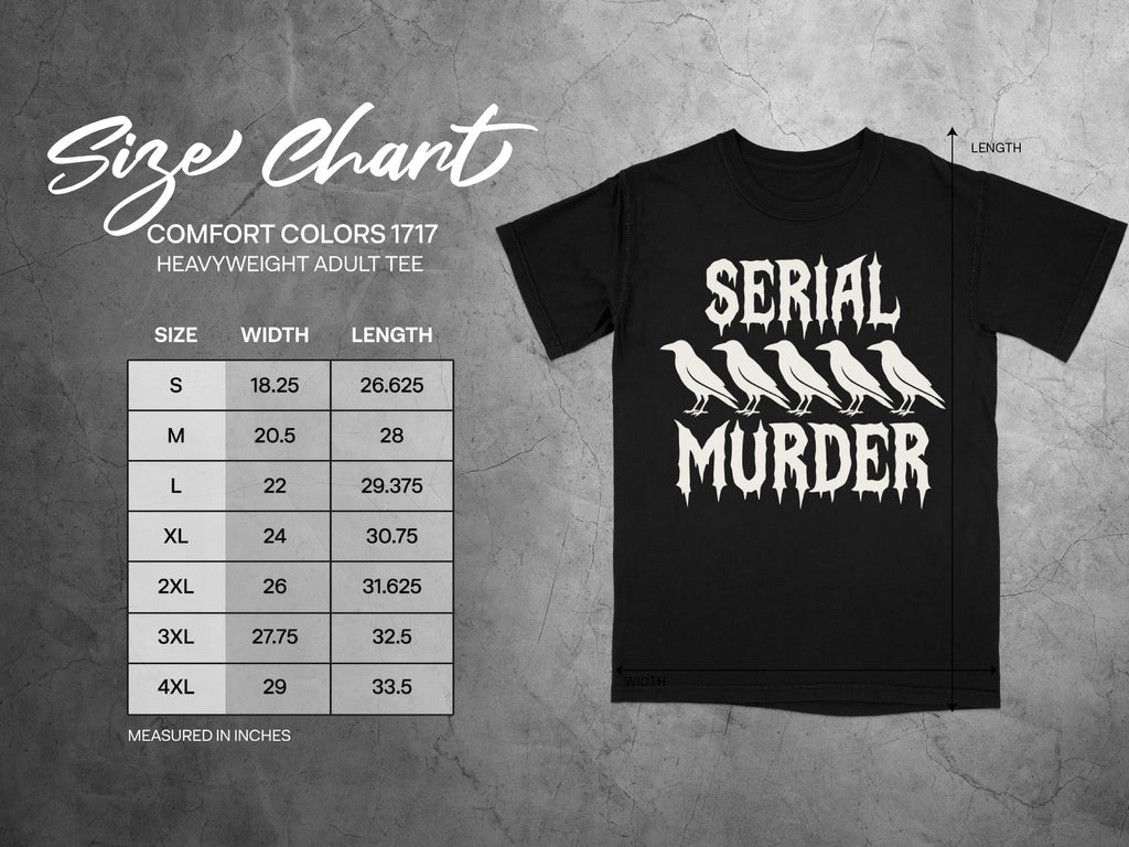 Size chart for Comfort Colors 1717 heavyweight adult tee with measurements in inches.