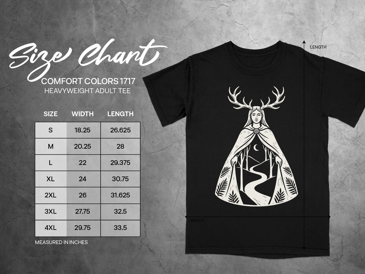 Comfort Colors 1717 size chart for heavyweight adult tee with illustration.