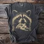 Dark t-shirt with a vintage print of a raccoon eating pizza.