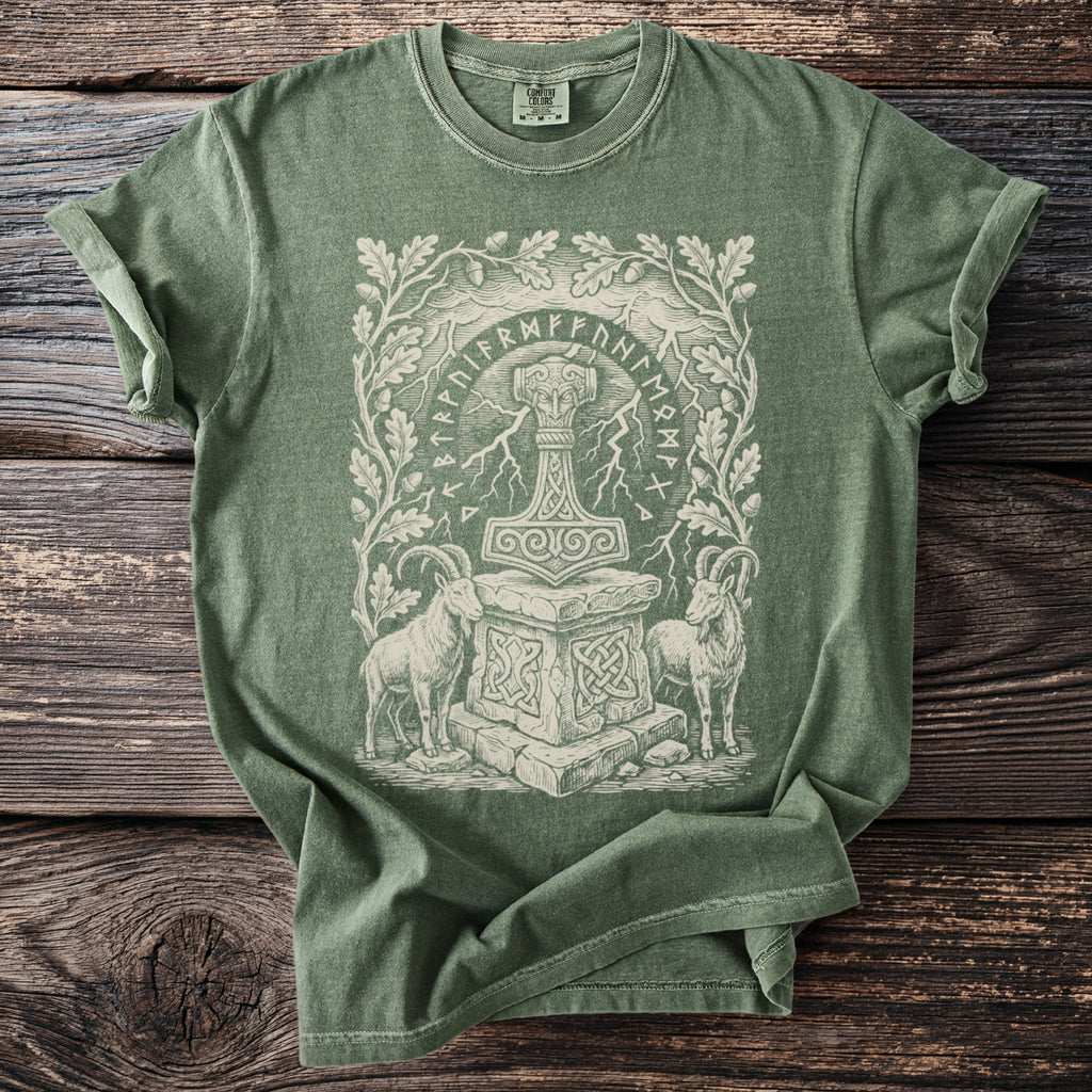 Green t-shirt with Thor's Hammer, goats, and runes framed by oak branches.
