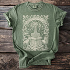 Green t-shirt with Thor's Hammer, goats, and runes framed by oak branches.
