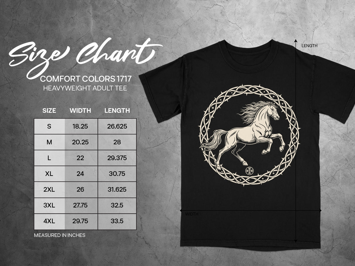 Comfort Colors 1717 heavyweight adult tee size chart with horse graphic.