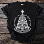 Black t-shirt with skeleton Christmas tree design and text "NOEL NOIR DARK TIDINGS".