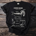 Black t-shirt with a diagram of a striped skunk and its characteristics.