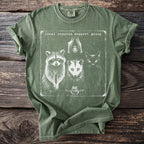 T-shirt with a distressed graphic of a raccoon, opossum, cat, bat, and frog.
