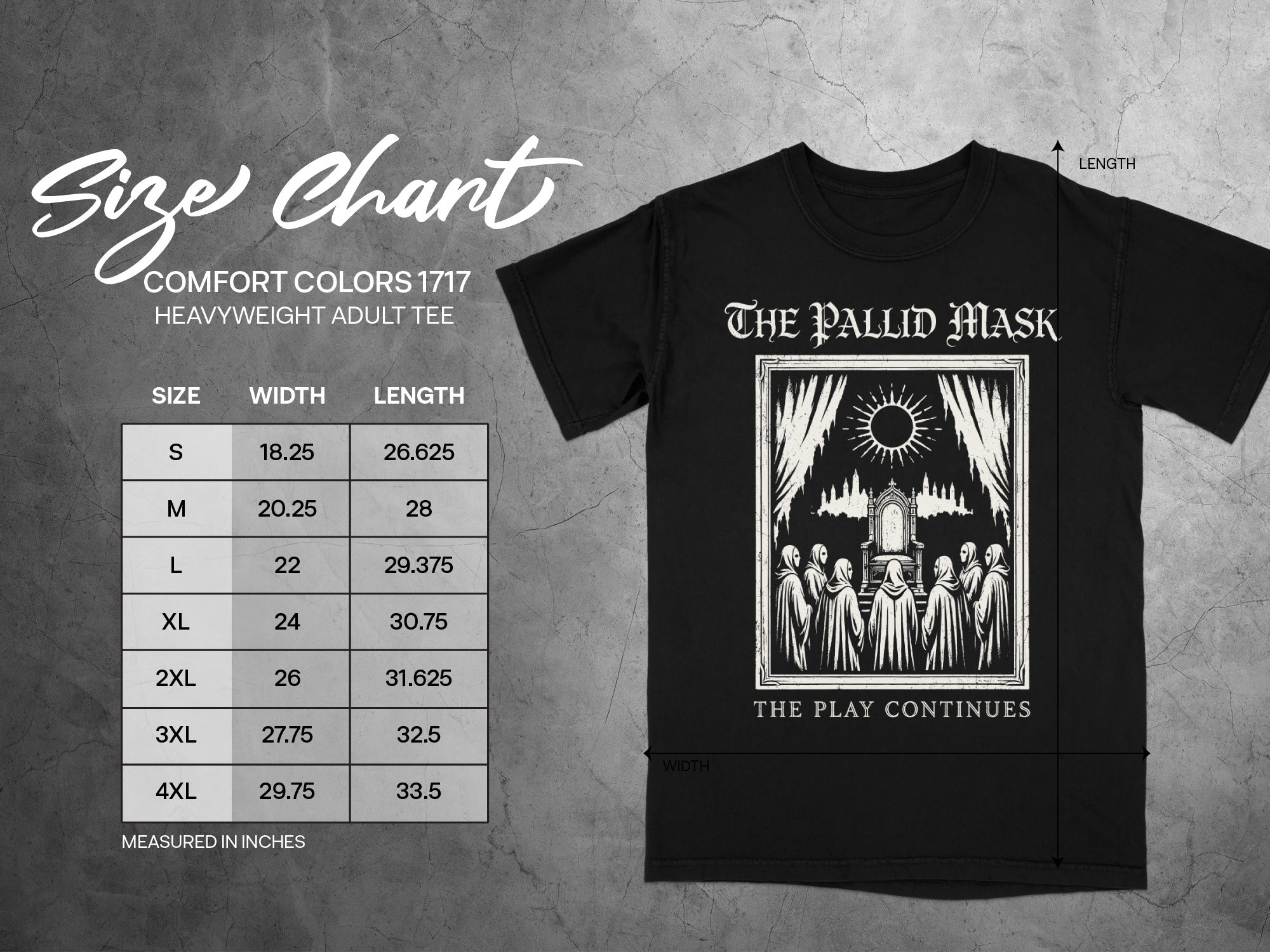 Black t-shirt with "The Pallid Mask" graphic and size chart.