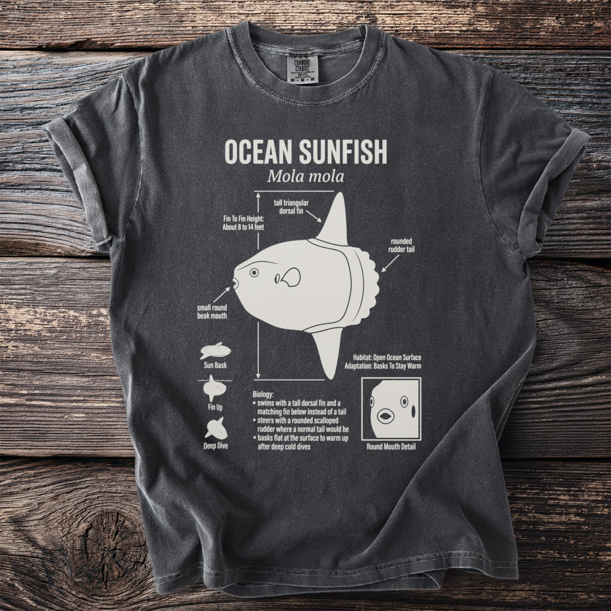 Dark t-shirt with a white diagram of an Ocean Sunfish and its features.