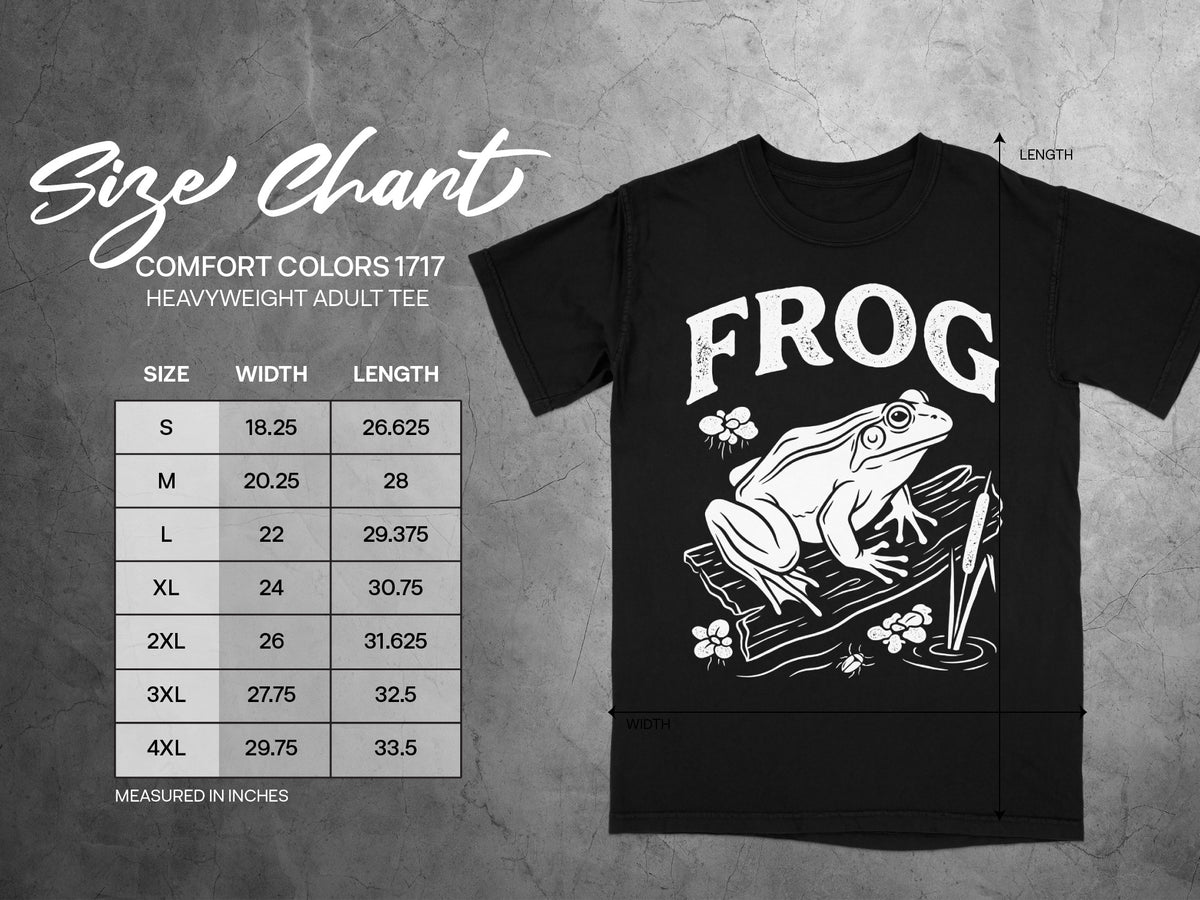 Size chart for Comfort Colors 1717 heavyweight adult tee with frog graphic.